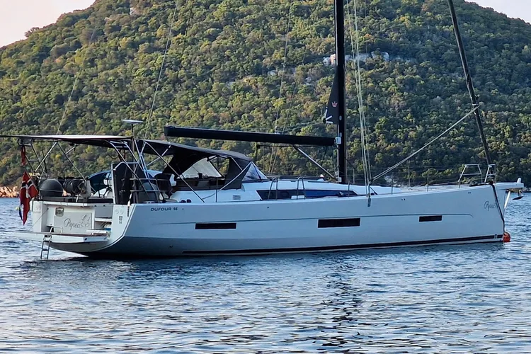 PEPEA at anchor in a Mediterranean bay